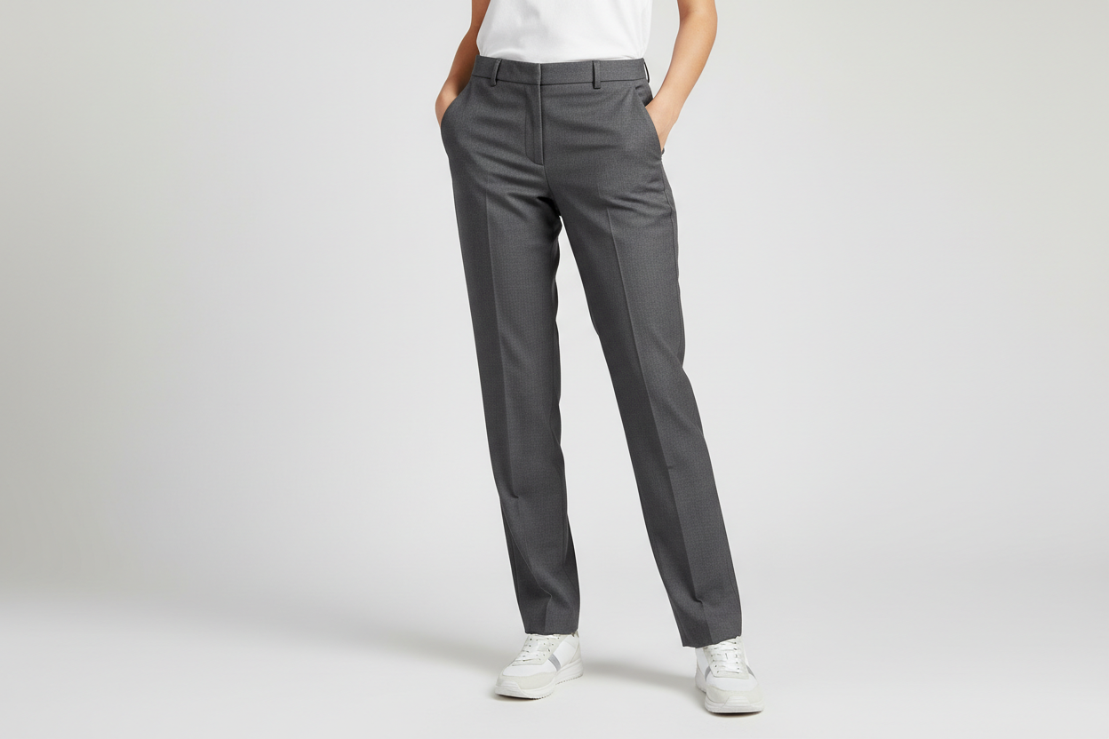 should have sporting shoes on, and the pant should cover part of the shoes to show the pant is long enough